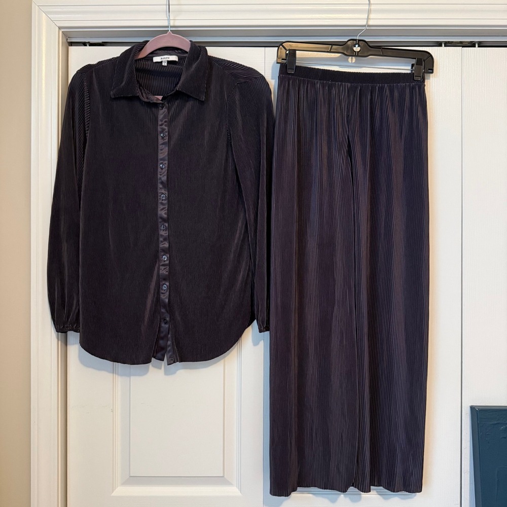RO&DE Womens Plisse Pleated 2 Piece Set Shirt and Pants Purple Small AGU9038T